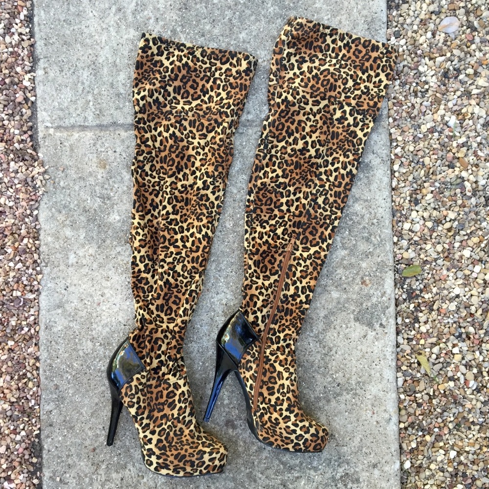 Thigh High Leopard Print High Heel Boots